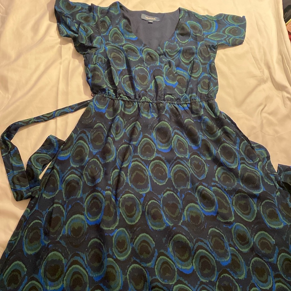 ModCloth Navy Blue and Teal Patterned V-Neck Dress